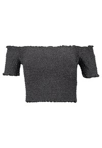 Czarny, strukturalny top bez ramiączek z krótkimi rękawami, z marszczeniem i falującym dołem, który nadaje mu unikalny wygląd.