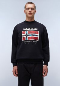 Zwarte sweatshirt met een kleurrijke grafiek met een vlagontwerp. Ronde hals, lange mouwen, ribgebreide manchetten en zoom, van een katoenmix.