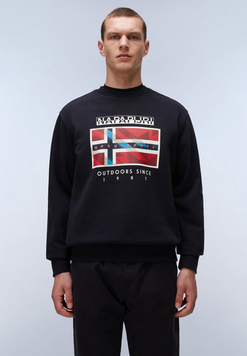 Zwarte sweatshirt met een kleurrijke grafiek met een vlagontwerp. Ronde hals, lange mouwen, ribgebreide manchetten en zoom, van een katoenmix.