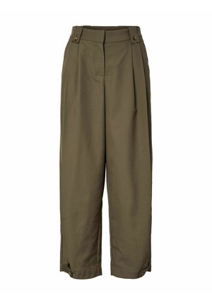 Olivenfarvede bukser med vide ben, høj talje, knaphuller ved taljebånd og manchetter, foran plisseringer og skjult lukning.