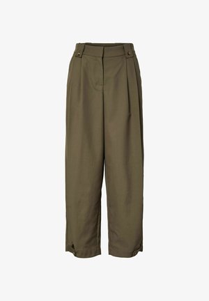 Olivenfarvede bukser med vide ben, høj talje, knaphuller ved taljebånd og manchetter, foran plisseringer og skjult lukning.