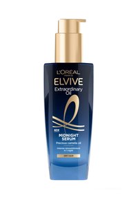Bottiglia blu con pompa dorata, etichettata L'Oréal Paris Elvive Extraordinary Oil. Mostra il testo "Siero di Mezzanotte" e "Olio di camelia preziosa".
