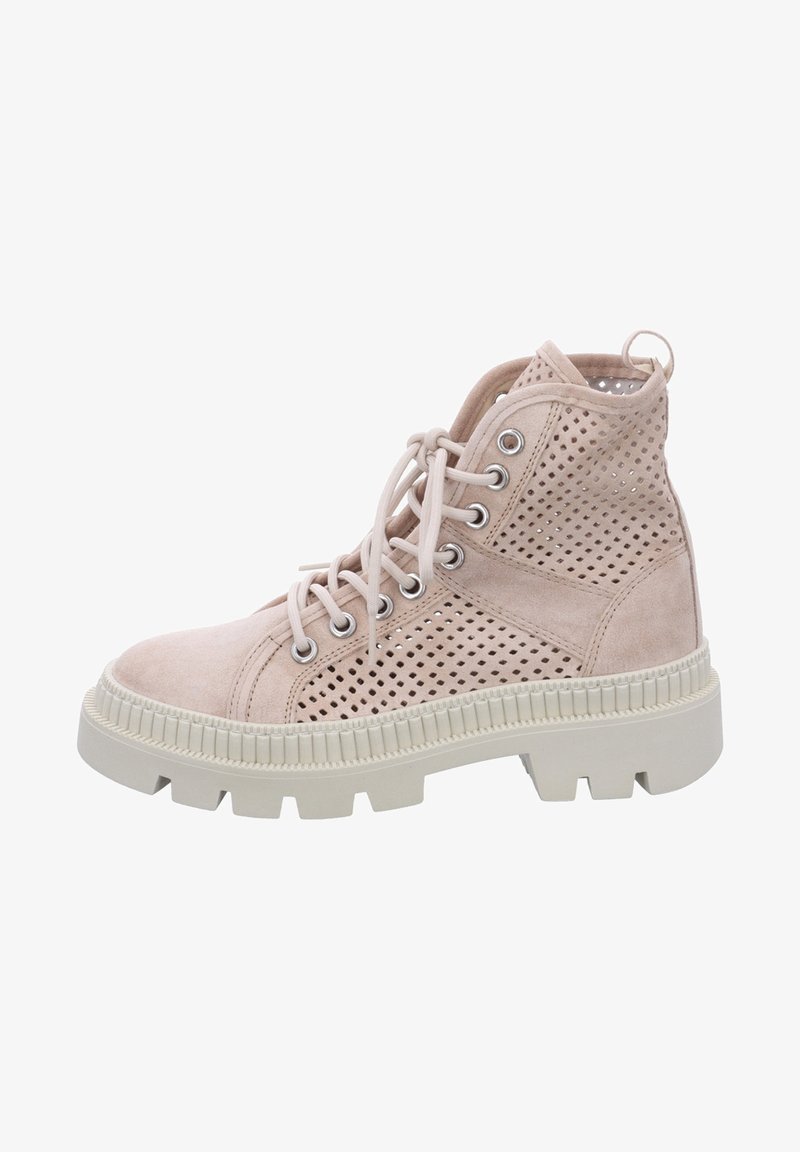 Beige suede ankle boot with perforated design, round toe, lace-up front, metal eyelets, and thick rubber sole.