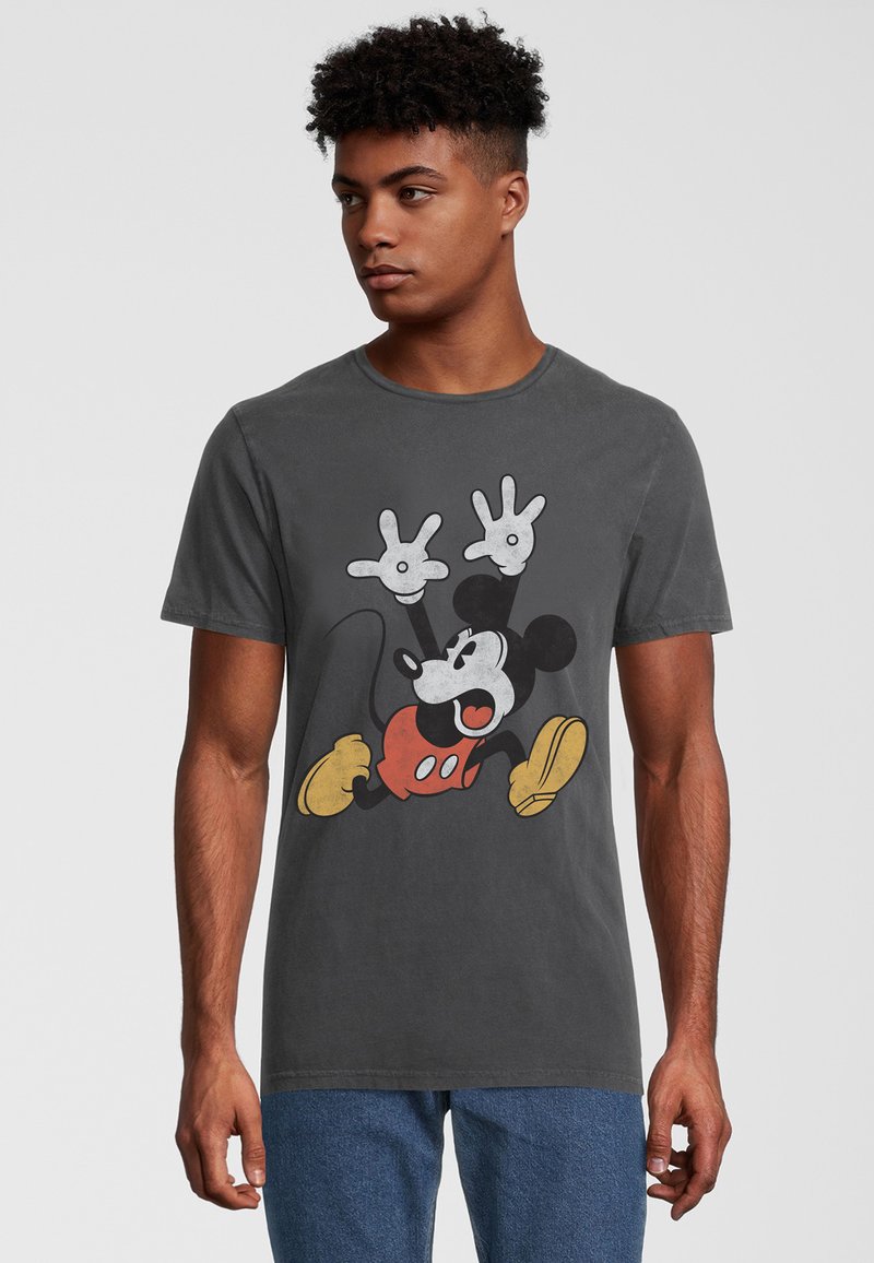 Grå bomulds t-shirt med et motiv af en tegneser mus med hænderne hævet, kraftige farver og en afslappet pasform. Korte ærmer og rund halsudskæring.