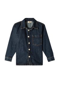 Chaqueta de mezclilla oscura con cuello tipo solapa, botones frontales, un bolsillo en el pecho y mangas largas. Presenta costuras en contraste.