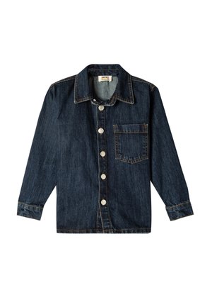Mørk denimjakke med kravehals, frontknapper, en brystlomme og lange ærmer. Har kontrasterende syninger.