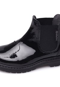 Czarne lakierowane botki za kostkę z elastycznymi panelami bocznymi, okrągłym noskiem i teksturowaną gumową podeszwą. Gładka powierzchnia o błyszczącym wykończeniu.