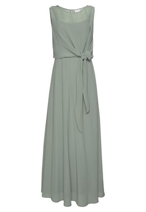 Luftig, lys grøn kjole lavet af chiffon, med en ærmeløs design, en knyttet taljedetalje og en lang, A-formet silhuet.