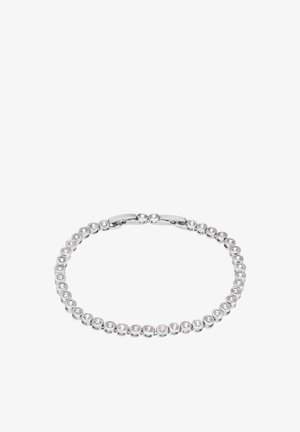 Bracelet argenté composé de cristaux transparents ronds et facettés disposés en rangée, reliés par des bandes métalliques lisses. Design de fermoir sécurisé.