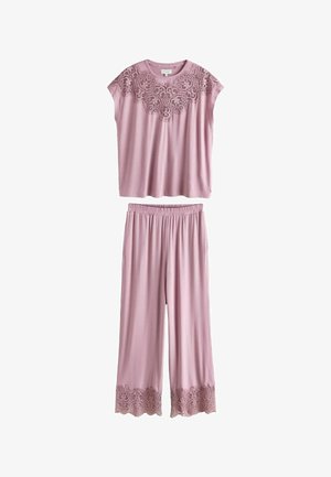 Soft pink loungewear set with short-sleeve top featuring lace detail at neckline and wide-leg pants with lace trim at hems.