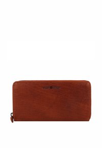 Brown leather wallet with a zipper closure, textured finish, and embossed logo. Rectangular shape with stitched edges and compact design.