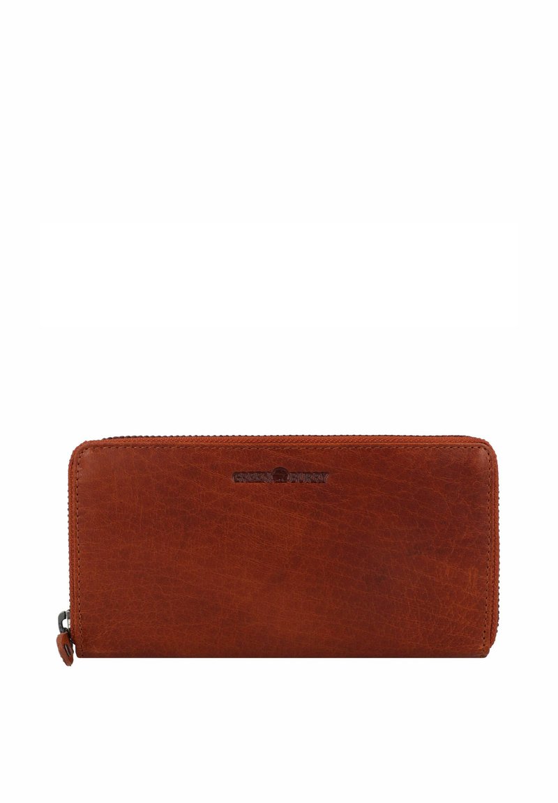 Brown leather wallet with a zipper closure, textured finish, and embossed logo. Rectangular shape with stitched edges and compact design.