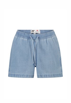 Shorts en jean bleu clair avec taille élastique et cordon de serrage à l'avant, style décontracté, sans poches apparentes ni ornements.