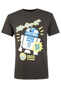 Svart bomull t-shirt med en grafisk bild av R2-D2 i blått och vitt, omgiven av gula texter och accenter, med en rund logotyp som säger "DROID."