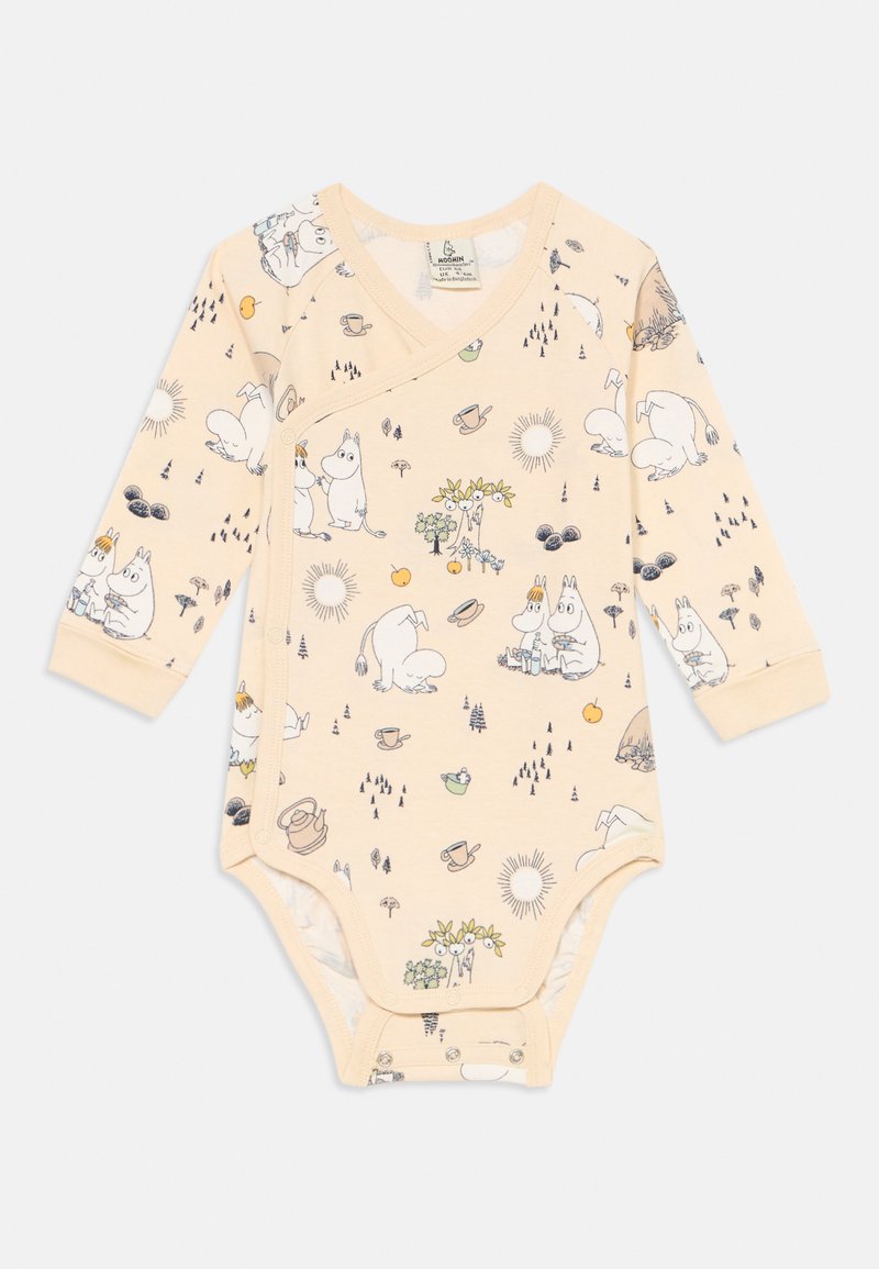 Cream-colored long-sleeve baby bodysuit with snap closures, featuring Moomin characters, suns, trees, and tea cups pattern.