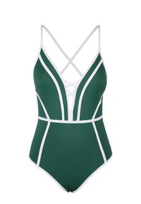 Costume intero verde con bordature bianche a contrasto, scollatura a V profonda e spalline incrociate sul retro. Texture liscia e design snodato.