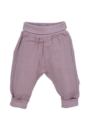 Weiche, hellviolette Babyhosen mit umgeschlagenen Bündchen und einem breiten, umgeschlagenen Bund, gefertigt aus atmungsaktivem, leichtem Stoff.