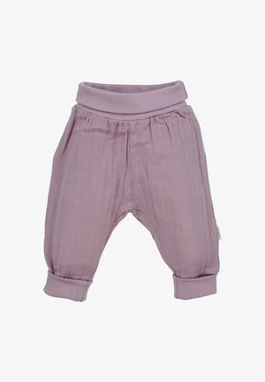 Pantaloni morbidi da neonato di colore viola chiaro, con risvolti sulle caviglie e una cintura larga piegata, realizzati in tessuto traspirante e leggero.