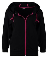 Felpa nera con zip e cappuccio, dotata di zip e lacci rosa, due tasche frontali e una vestibilità regolare. Tessuto morbido, design casual classico.