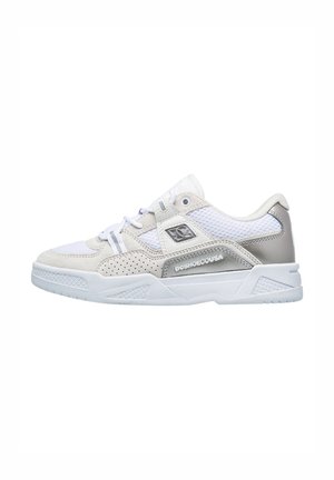 White athletic sneakers with a mix of smooth leather and mesh. Features perforated accents, a reinforced toe, and textured sole.