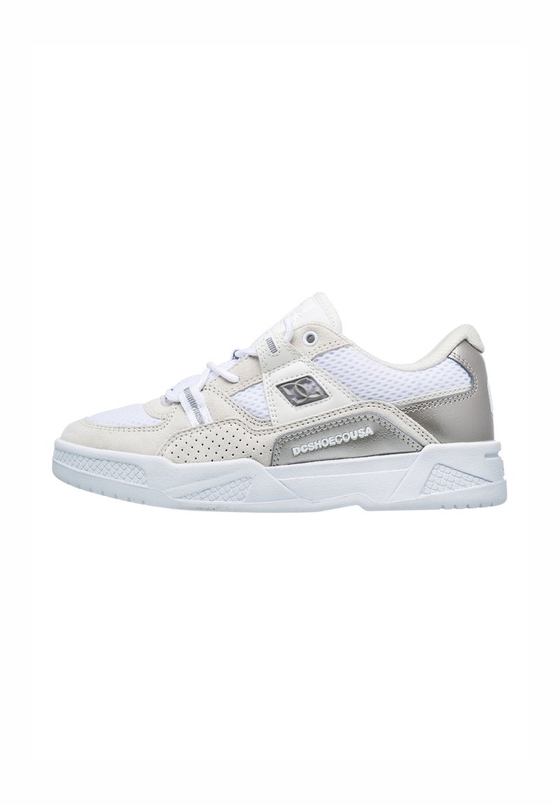 White athletic sneakers with a mix of smooth leather and mesh. Features perforated accents, a reinforced toe, and textured sole.