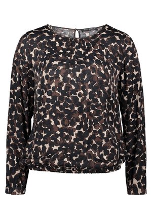 Blusa a maniche lunghe con orlo arricciato, caratterizzata da una stampa astratta leopardata in nero e marrone e una piccola chiusura a bottone con apertura a occhiello sulla parte posteriore del collo.