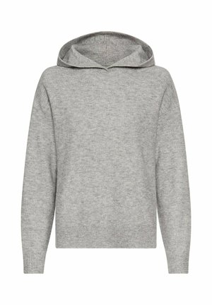 Grijze gebreide hoodie met een geribbelde textuur, voorzien van een capuchon met trekkoord en lange mouwen. Eenvoudig ontwerp, zonder zichtbare patronen of accenten.