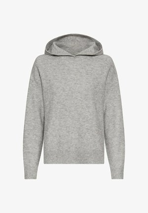 Szara dziana bluza z kapturem o prążkowanej fakturze, z regulowanym kapturem i długimi rękawami. Prosty design, bez widocznych wzorów ani akcentów.