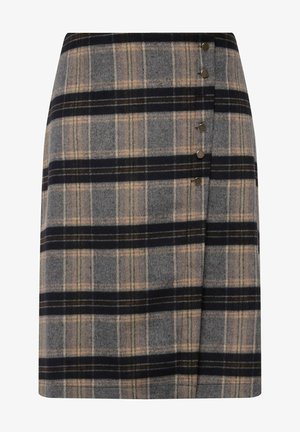 Vlněná kostkovaná sukně v šedé, černé a béžové barvě s bočním zapínáním na knoflíky a mírným překřížením. Texturovaná tkanina s klasickým vzorem.