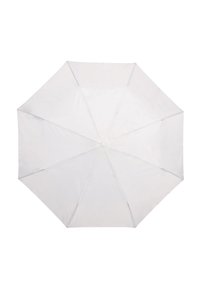 Ombrello bianco di forma ottagonale, realizzato in tessuto con una superficie liscia, sorretto da un mozzo centrale in metallo e stecche.