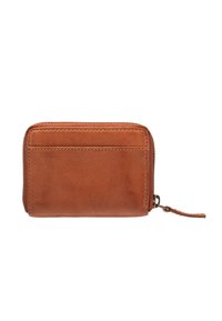 Brown leather wallet with a zip closure, featuring a smooth texture and a small zipper pull. Simple, rectangular design with card slots.