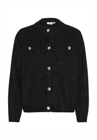 Svart cardigan gjord av texturerad stickad tyg, med rundad krage, två bröstfickor och guldtonade knappar fram.