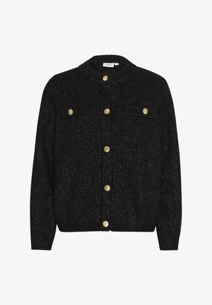 Cardigan nero realizzato in tessuto a maglia testurizzata, con colletto arrotondato, due tasche sul petto e bottoni dorati sul davanti.