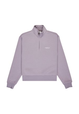 Lila Sweatshirt mit halbem Reißverschluss aus weichem Material. Verfügt über gerippte Bündchen und Saum sowie ein kleines gedrucktes Logo auf der Brust.