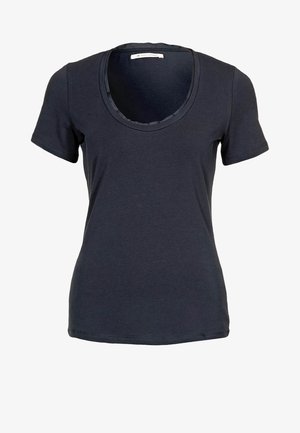 Camiseta de mujer de manga corta en azul oscuro con escote redondo, mostrada sobre un fondo blanco.