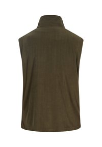 Olive green bezrękawnik z polaru z wysokim kołnierzem, miękką teksturą i luźnym krojem, idealny do noszenia w warstwach lub na co dzień.