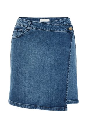 Denim suknja omotnica u tamnoplavoj boji, s bočnim prorezom, dizajnom s pet džepova i dekorativnim gumbom. Glatka tekstura s ravnomjernim šavovima.