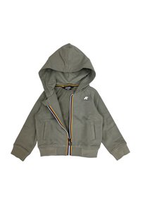 Giacca zip con cappuccio verde oliva per bambini, con tasche frontali e zip rifinita con arcobaleno, dotata di un piccolo logo sul petto.