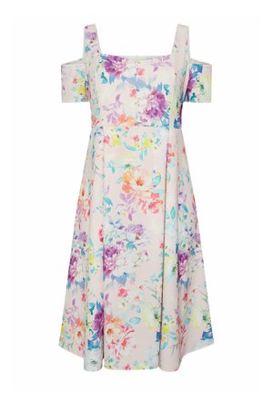 Blomstret kold-ryg kjole med brede stropper, pastelbaggrund og flerfarvede blomster i lilla, pink, blå, gul og grøn.