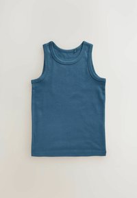Úzky tank top bez rukávov v tmavomodrej bavlne s okrúhlym výstrihom, hladkou textúrou a bočnými švami; základný dizajn bez vzorov alebo akcentov.