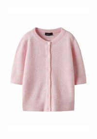 Rosa Strickjacke mit kurzen Ärmeln aus weichem Material, mit Rundhalsausschnitt und Knopfleiste, ausgestattet mit gerippten Bündchen und Saum.