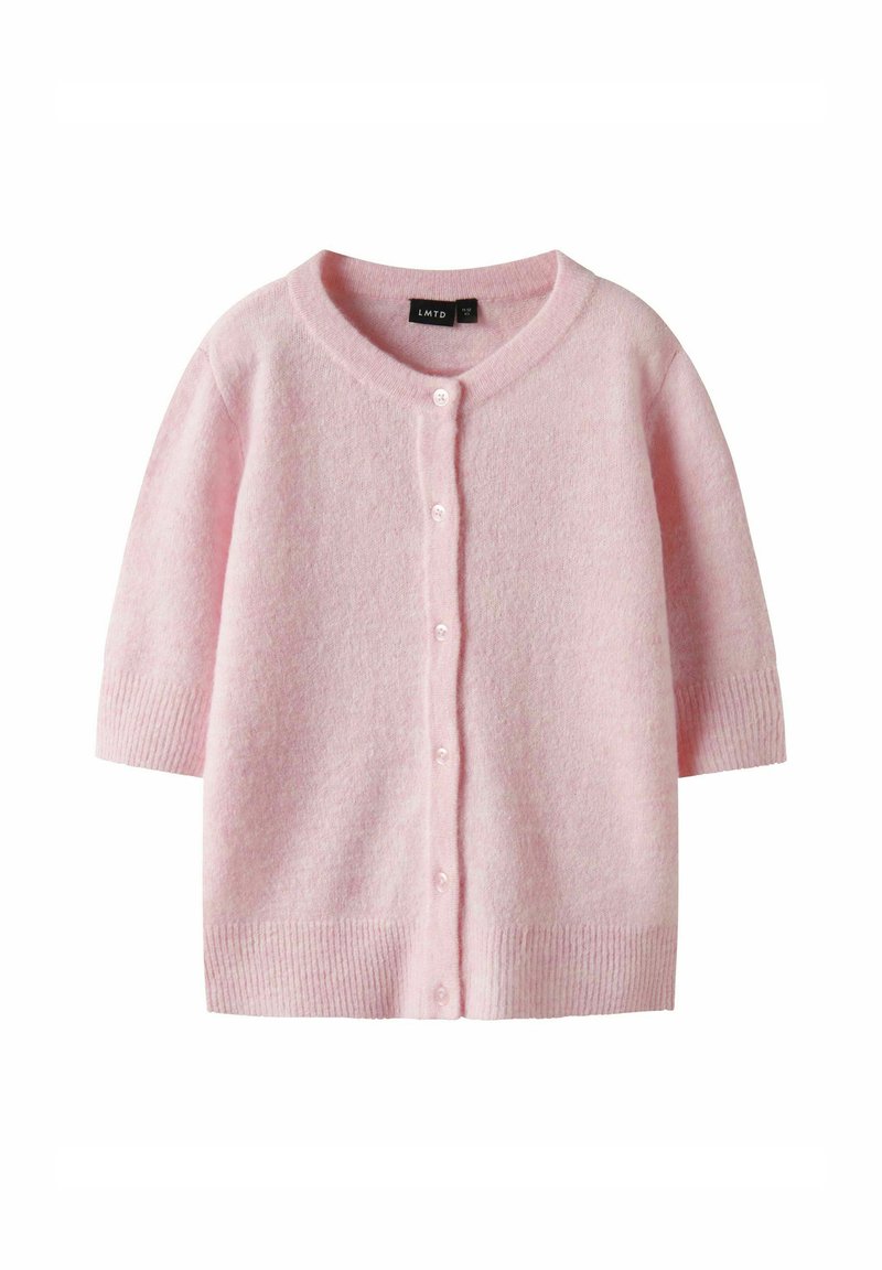 Rosa Strickjacke mit kurzen Ärmeln aus weichem Material, mit Rundhalsausschnitt und Knopfleiste, ausgestattet mit gerippten Bündchen und Saum.