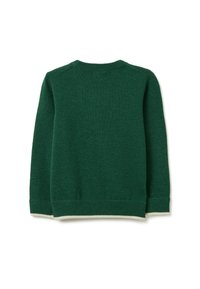 Maglione verde a maglia, colletto rotondo, polsini e orlo a costine, realizzato in tessuto morbido con una texture liscia, caratterizzato da un design semplice.