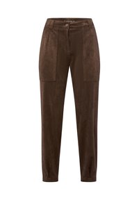 High-waisted bruine suède broek met voorzakken, riemlussen, een knoopsluiting en taps toelopende benen.
