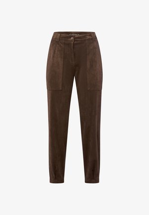 High-waisted bruine suède broek met voorzakken, riemlussen, een knoopsluiting en taps toelopende benen.