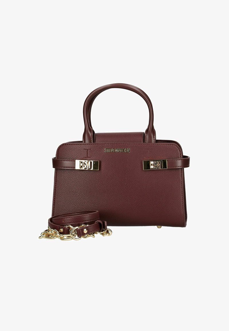 Bordowa torebka ze skórzanym wzorem o fakturze z chropowatej skóry, z podwójnymi uchwytami u góry, złotymi akcentami metalowymi oraz odpinanym paskiem. Posiada detal z logo i usztywnioną konstrukcję.