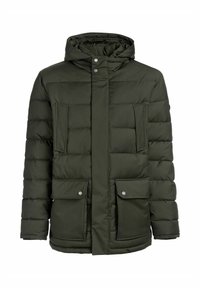 Oliwkowa pikowana kurtka z kapturem, z zapięciem na zamek błyskawiczny, dwoma przednimi kieszeniami i pikowanym wzorem. Wzmocniona metalowymi zatrzaskami.