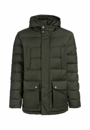 Oliwkowa pikowana kurtka z kapturem, z zapięciem na zamek błyskawiczny, dwoma przednimi kieszeniami i pikowanym wzorem. Wzmocniona metalowymi zatrzaskami.
