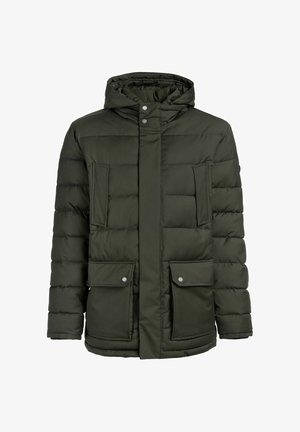 Oliwkowa pikowana kurtka z kapturem, z zapięciem na zamek błyskawiczny, dwoma przednimi kieszeniami i pikowanym wzorem. Wzmocniona metalowymi zatrzaskami.