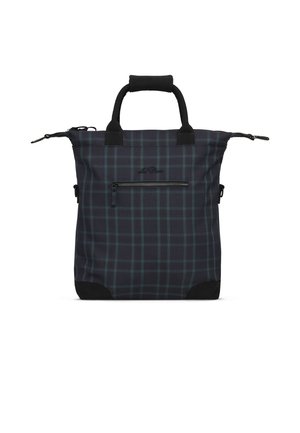 Merensininen ruudullinen olkalaukku, jossa mustat yksityiskohdat. Laukussa on kaksi kantokahvaa, vetoketjullinen suljenta ja etutasku vetoketjulla. Valmistettu kestävästä kankaasta.
